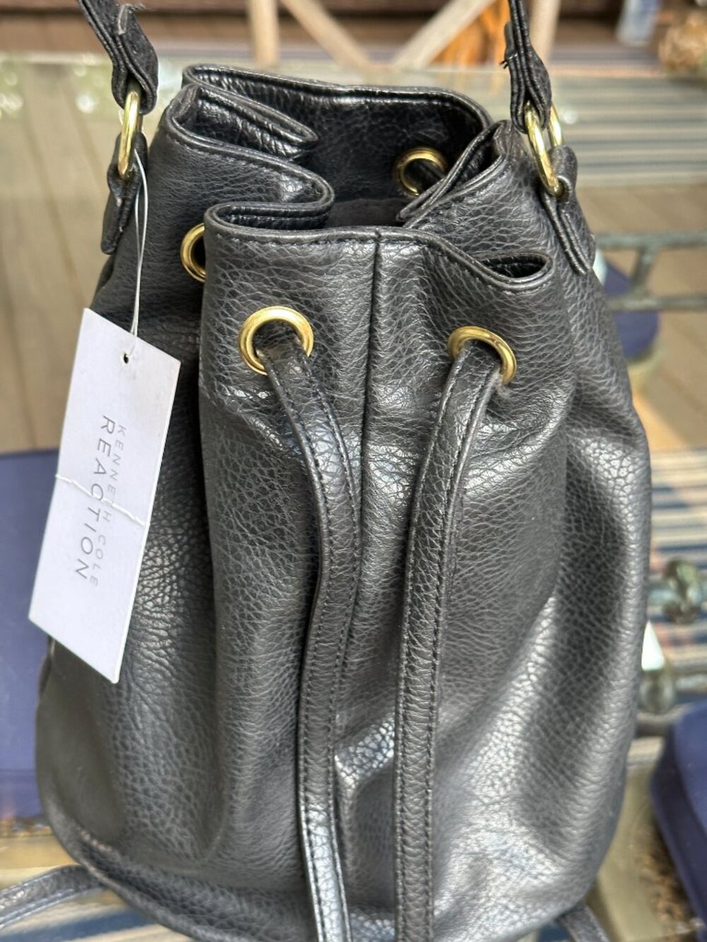 Kenneth Cole Reaction Faux Leather Tanner Bucket Bag Backpack Black Gold NWT